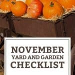 old mining cart filled with pumpkins text overlay: november yard & garden checklist