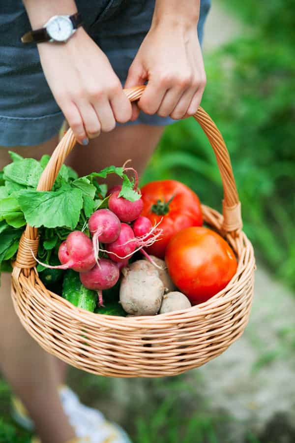 woman holding a basket of homegrown vegetables